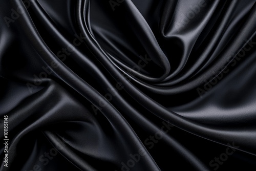 Luxurious black satin fabric with deep folds, abstract pattern of fluid motion, rich textures and elegant monochrome tones