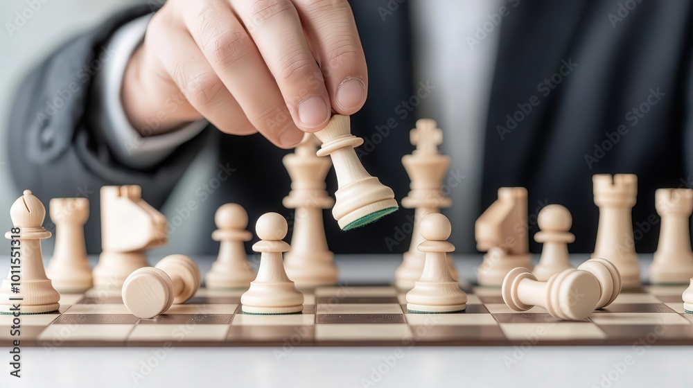 A close-up of a hand moving a chess piece on a board, illustrating strategy and focus in the game of chess. A close-up of a hand moving a chess piece on a board, illustrating strategy and focus in the game of chess.