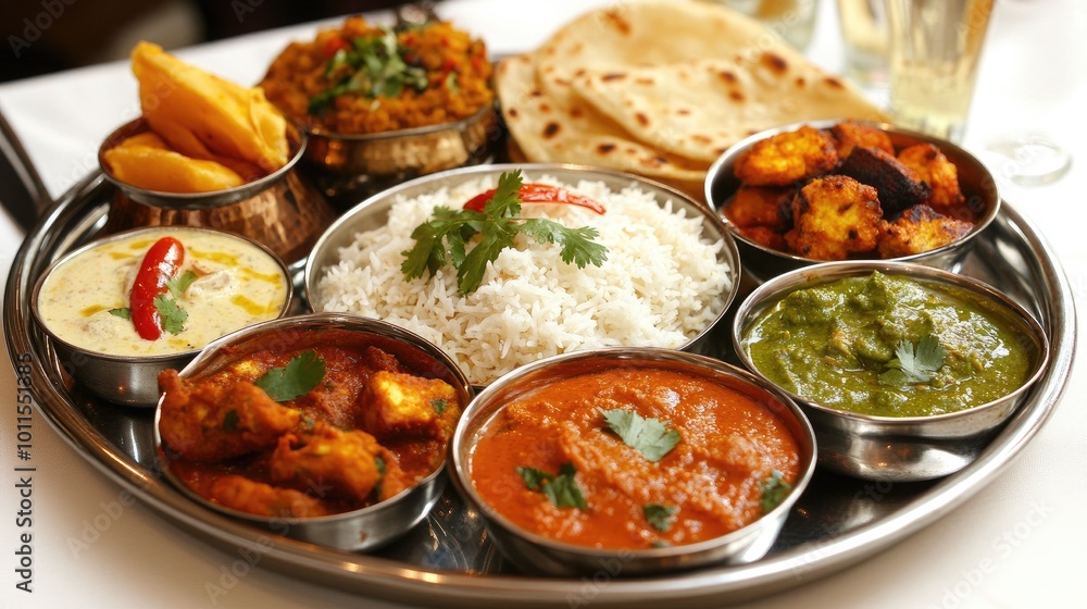 A traditional thali platter, featuring a selection of Indian dishes such as dal, paneer tikka, aloo gobi, and roti, offering a feast for the senses. A traditional thali platter, featuring a selection of Indian dishes such as dal, paneer tikka, aloo gobi, and roti, offering a feast for the senses.