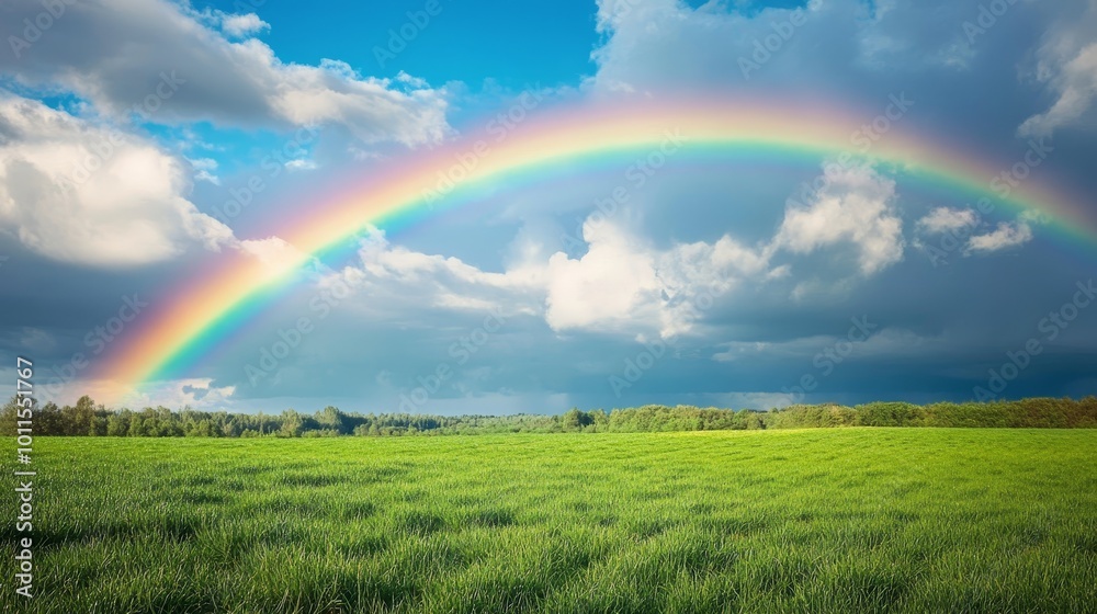 Rainbow over vibrant green field post-storm, embodying hope and renewal, serene natural harmony, uplifting landscape view Rainbow over vibrant green field post-storm, embodying hope and renewal, serene natural harmony, uplifting landscape view