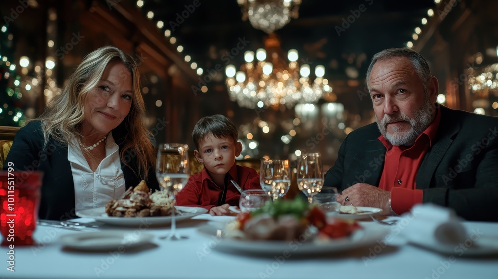 A family of three generations enjoying an elegant dinner with crystal chandeliers overhead, featuring a child, woman, and man in a luxurious setting. A family of three generations enjoying an elegant dinner with crystal chandeliers overhead, featuring a child, woman, and man in a luxurious setting.