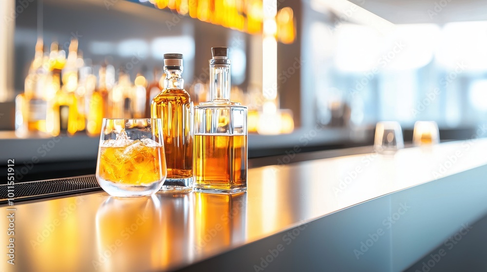 A modern bar setting with liquor bottles lined up neatly, ready for crafting cocktails. A modern bar setting with liquor bottles lined up neatly, ready for crafting cocktails.