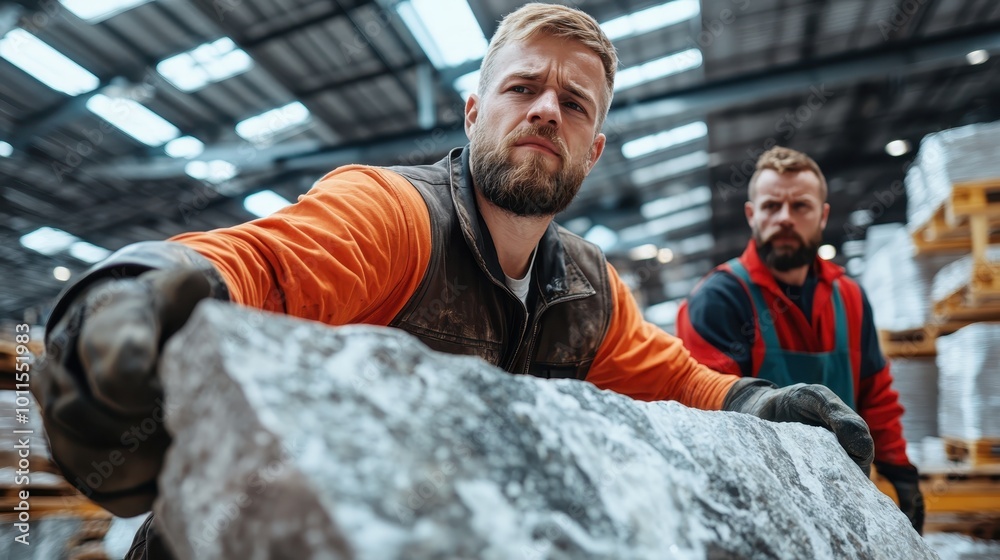 Two men are intensely working with large stone slabs in an industrial setting, showcasing strength, labor, and teamwork, amidst a dynamic and gritty atmosphere. Two men are intensely working with large stone slabs in an industrial setting, showcasing strength, labor, and teamwork, amidst a dynamic and gritty atmosphere.