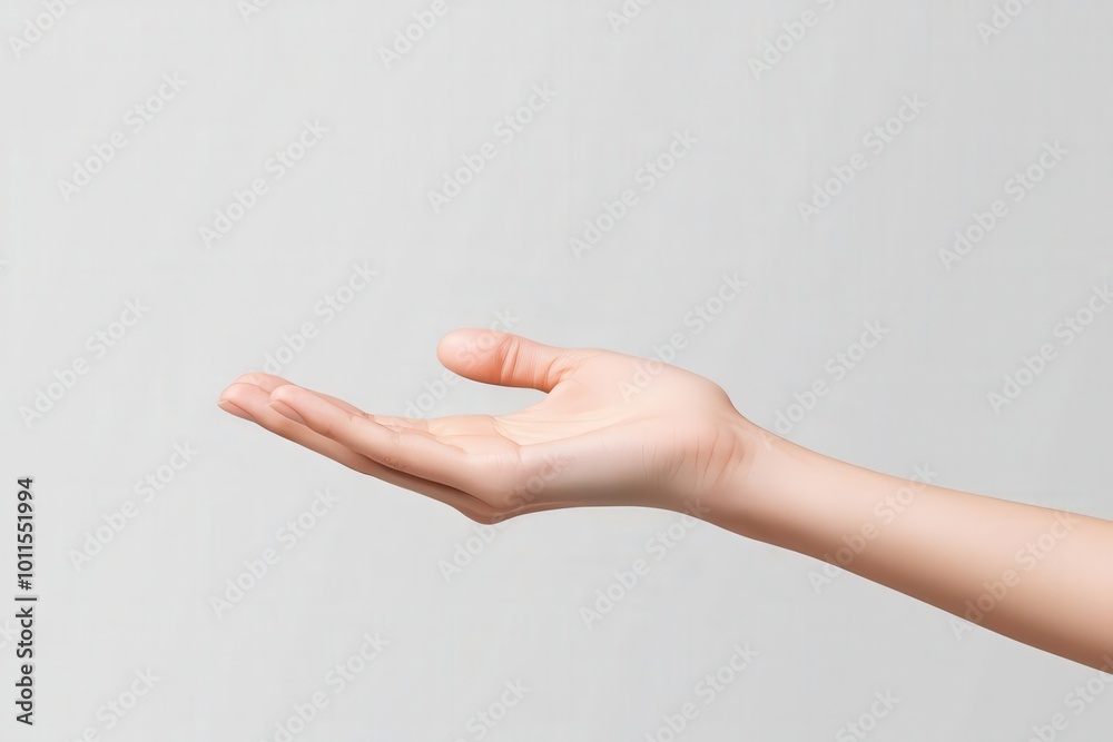 A graceful hand held out, symbolizing offering, invitation, and help against a neutral background. A graceful hand held out, symbolizing offering, invitation, and help against a neutral background.