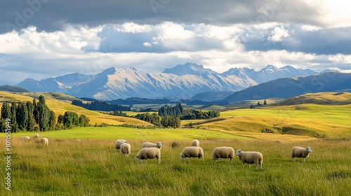 A serene, rural landscape with sheep grazing in a meadow, with a mountain range in the distance