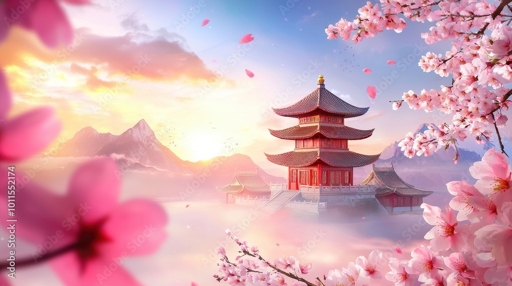 Obraz premium A pagoda framed by cherry blossoms in full bloom, with traditional Chinese architecture blending seamlessly with nature.