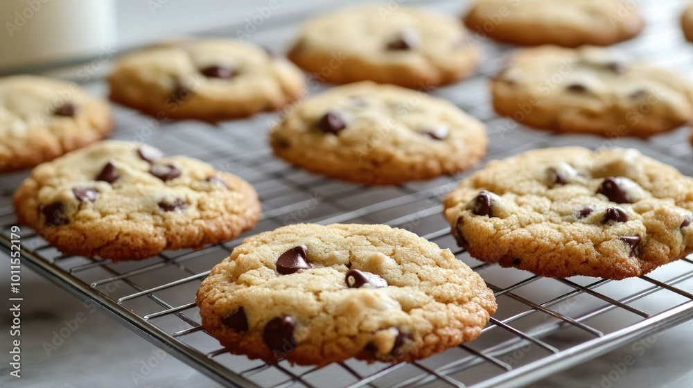 A tray of homemade cookies cooling on a wire rack, with golden edges and gooey chocolate chips, ready to be enjoyed with a glass of milk. A tray of homemade cookies cooling on a wire rack, with golden edges and gooey chocolate chips, ready to be enjoyed with a glass of milk.