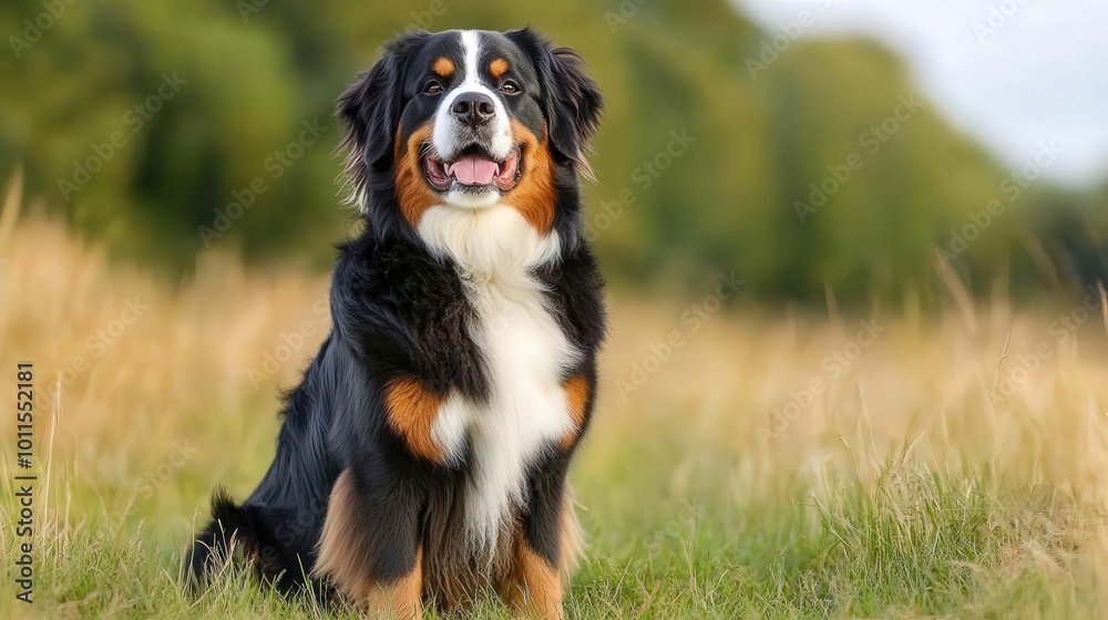 A happy Bernese Mountain Dog sitting proudly in a lush green field, showcasing its beautiful fur and friendly demeanor. A happy Bernese Mountain Dog sitting proudly in a lush green field, showcasing its beautiful fur and friendly demeanor.