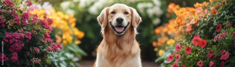 A joyful golden retriever posing among vibrant flowers, showcasing a happy spirit and a beautiful outdoor setting. A joyful golden retriever posing among vibrant flowers, showcasing a happy spirit and a beautiful outdoor setting.