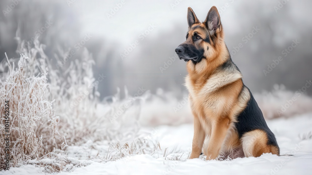 Naklejka premium A majestic German Shepherd sitting gracefully in a snow-covered landscape, showcasing its loyalty and strength amidst winter beauty.