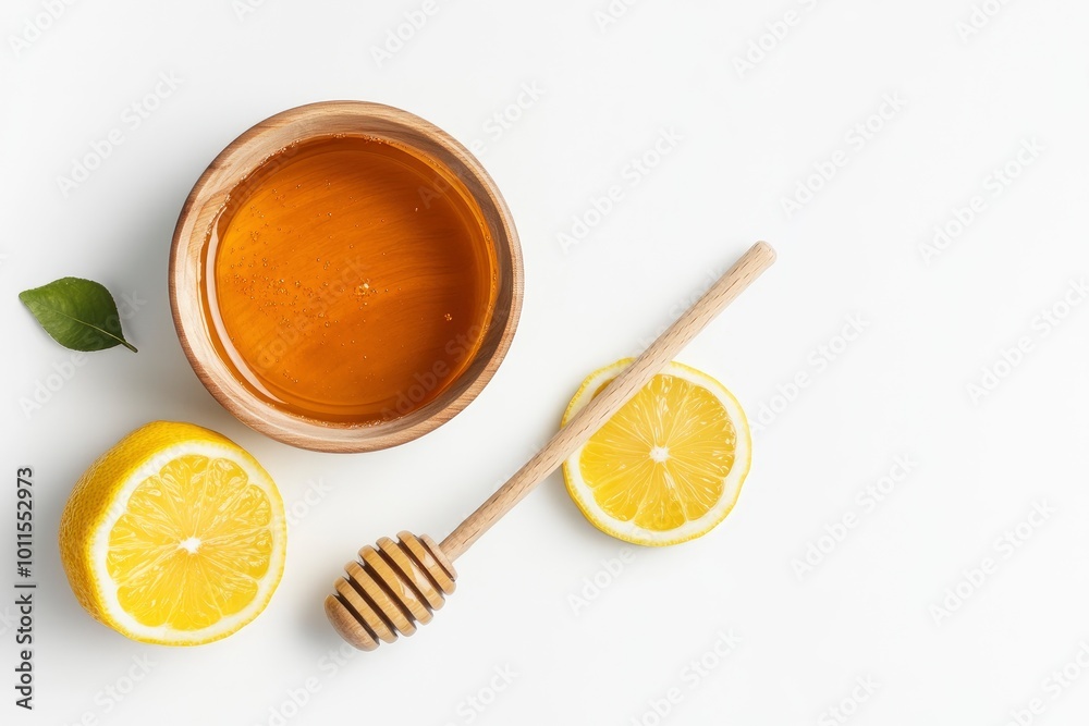 Flat lay (top view) of Glass bowl of pure honey with honey dipper and lemon fruit isolated on white background - generative ai Flat lay (top view) of Glass bowl of pure honey with honey dipper and lemon fruit isolated on white background - generative ai