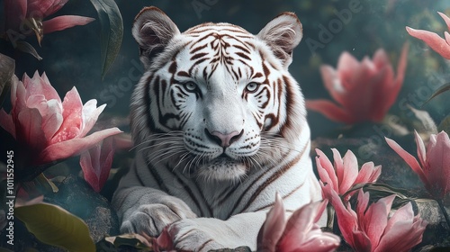 Majestic white tiger embodying purity and strength amidst harmonious Feng Shui elements, symbolizing balance and power photo