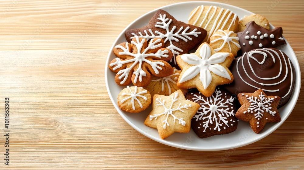A plate filled with assorted Christmas cookies, including stars, snowflakes, and gingerbread men, placed on a wooden table. A plate filled with assorted Christmas cookies, including stars, snowflakes, and gingerbread men, placed on a wooden table.