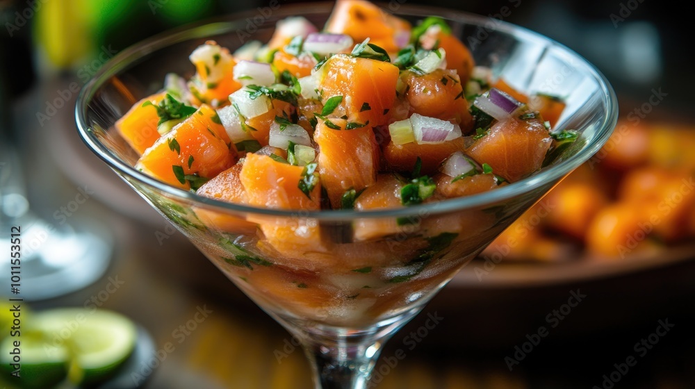 A vibrant and flavorful salmon ceviche served in a martini glass, marinated in citrus juices and mixed with diced tomatoes, onions, and cilantro. A vibrant and flavorful salmon ceviche served in a martini glass, marinated in citrus juices and mixed with diced tomatoes, onions, and cilantro.