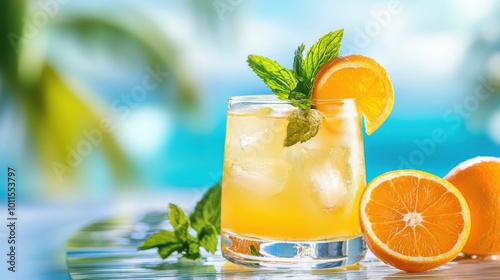 A refreshing citrus cocktail with oranges and mint, perfect for a hot summer day by the pool.