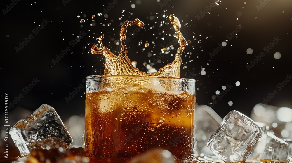 Cold Brew Coffee Splash Over Ice Cubes