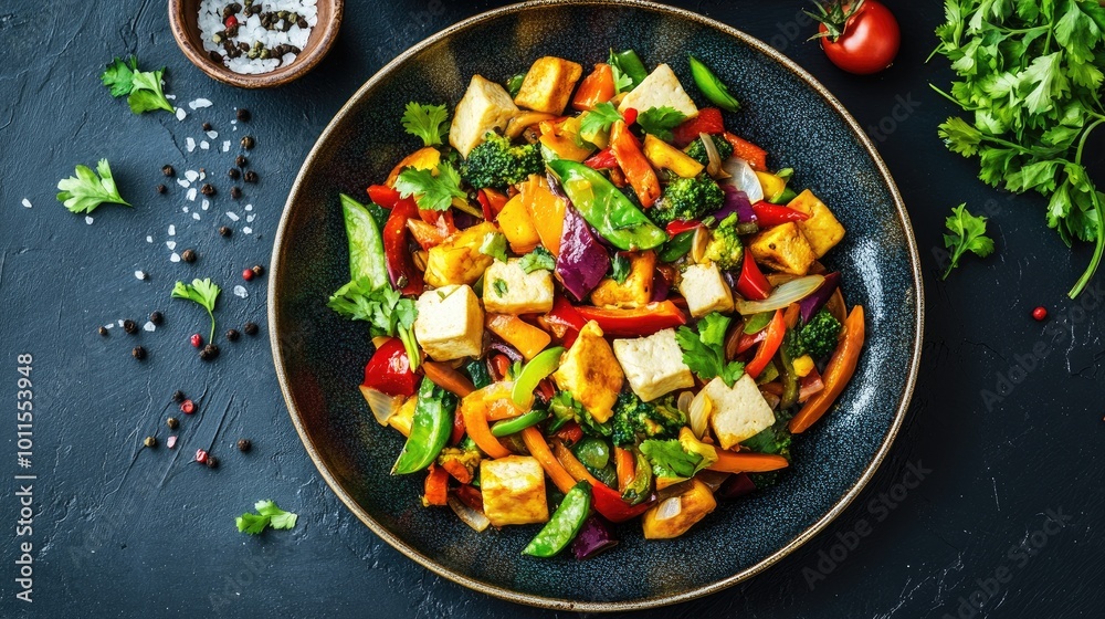 A vibrant plate of Pad Pak Ruam, Thai stir-fried mixed vegetables whttps://studio.imstocker.com/en/pricesith tofu, garlic, and soy sauce, bursting with color and flavor.