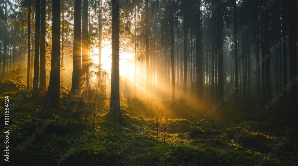 Fototapeta premium Misty dawn in a forest, sunlight filtering through trees, evoking clarity and new beginnings, peaceful, serene atmosphere