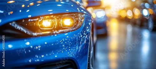 Close-up of Car Headlight on Showroom Floor, Vehicles on Display and Blurry Lights in Background photo