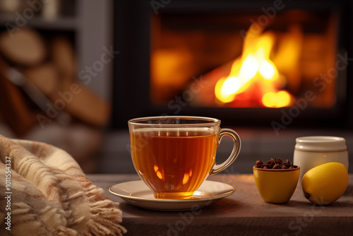 Hot Tea with Lemon and Spices by Cozy Fireplace in Winter Ambiance