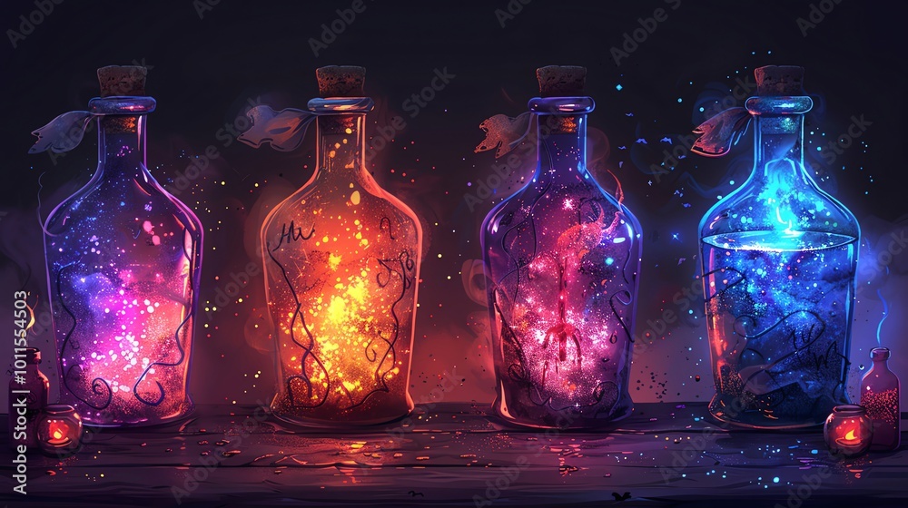 Witchs potion bottles with labels at the border Witchs potion bottles with labels at the border