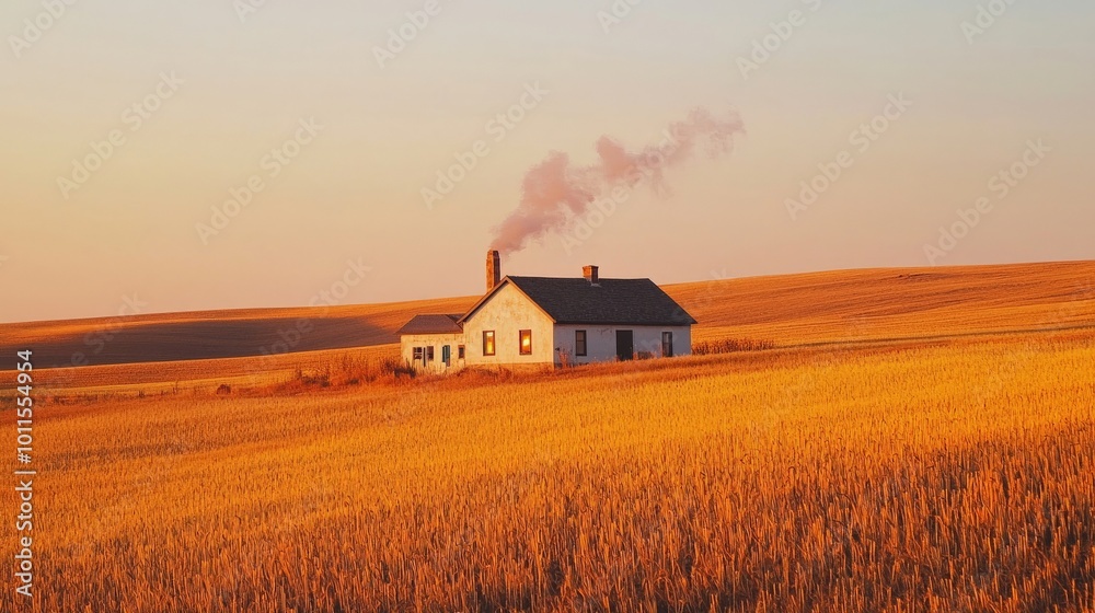 A small farmhouse with smoke rising from the chimney, surrounded by golden fields at dusk A small farmhouse with smoke rising from the chimney, surrounded by golden fields at dusk