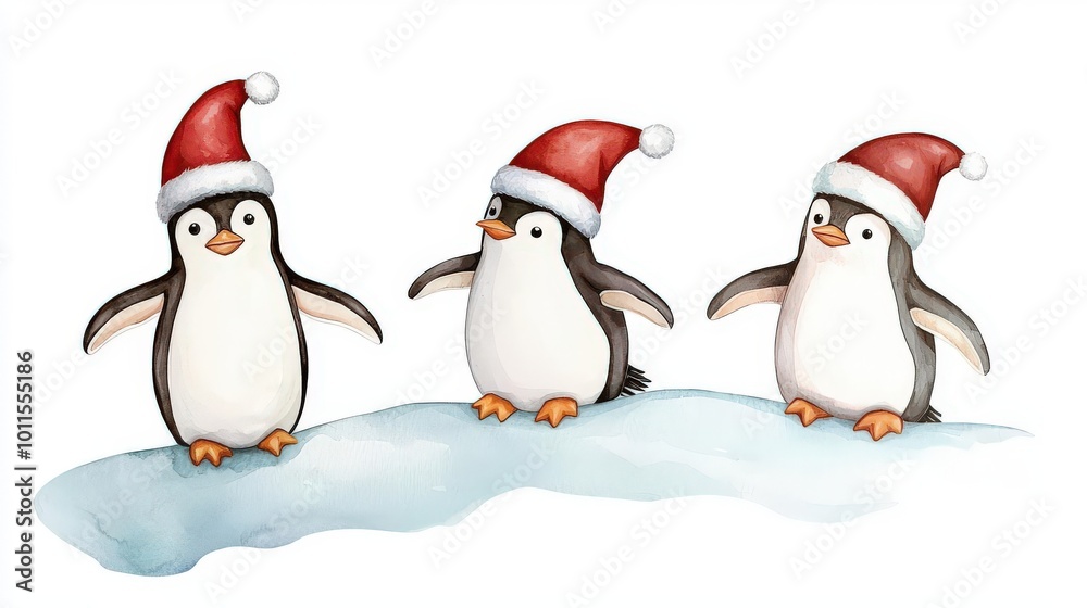 Fototapeta premium Three cheerful penguins wearing Santa hats stand on snow, perfect for holiday themes and winter celebrations.