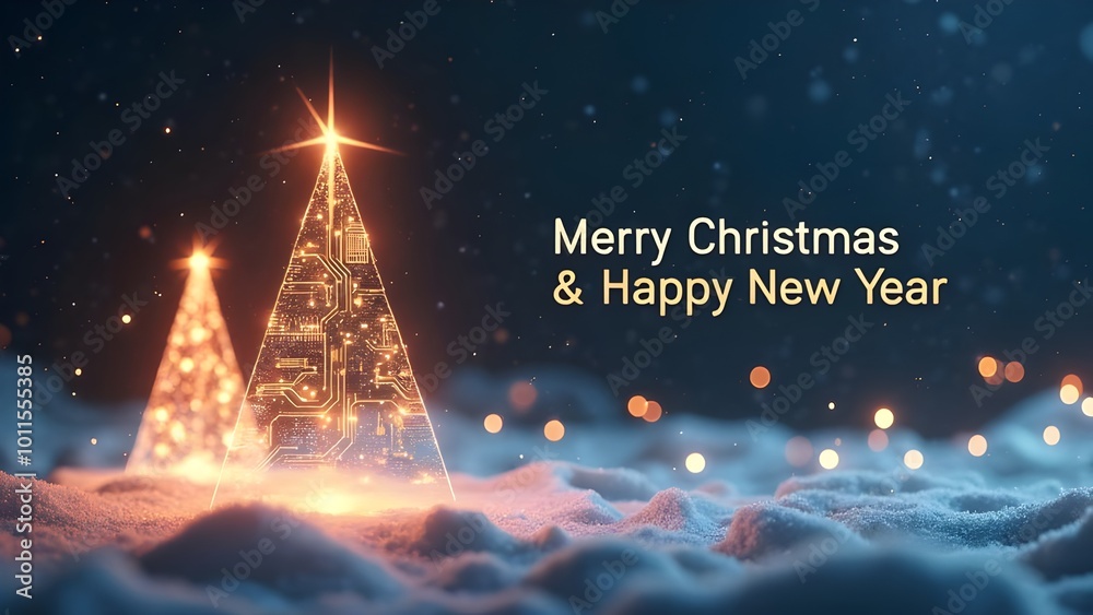 Glowing Christmas Tree in a Winter Scene with Merry Christmas & Happy New Year Greeting Glowing Christmas Tree in a Winter Scene with Merry Christmas & Happy New Year Greeting