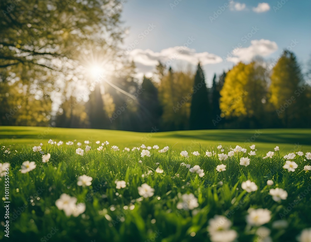 Fototapeta premium Green field of grass and white flowers, lawn surrounded by trees against a blue sky with clouds on a bright sunny day, concept of spring nature