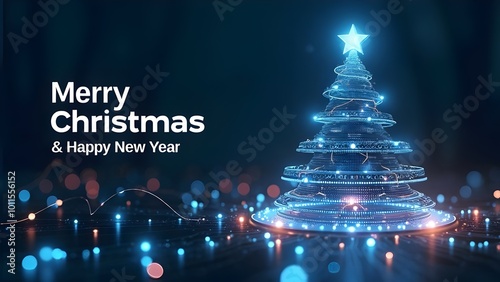 Digital Christmas Tree with Merry Christmas and Happy New Year Greeting