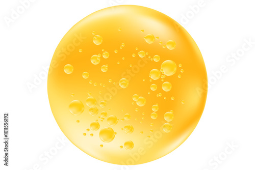 Fluid 3D yellow, gold bubble swatch with flowing molecules structure, microscope close up, fluid collagen serum droplet isolated on transparent background, cosmetology, beauty science,