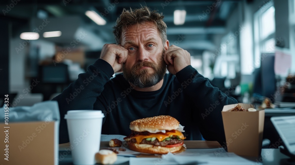 A bearded man with his hands on his face appears deep in thought as he sits at a desk with a gourmet burger, in a bright cafeteria during lunch break. A bearded man with his hands on his face appears deep in thought as he sits at a desk with a gourmet burger, in a bright cafeteria during lunch break.
