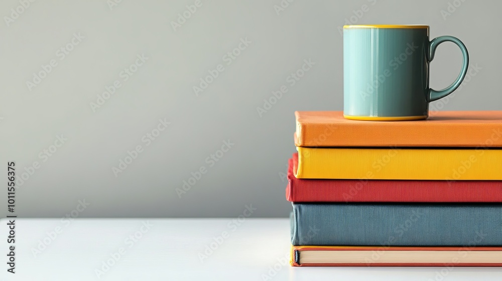 Fototapeta premium Colorful Books with Coffee Mug on Top