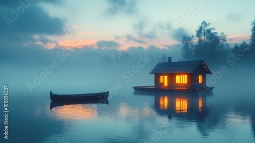 Serene lakeside scene with a cozy cabin and tranquil boat at dusk.