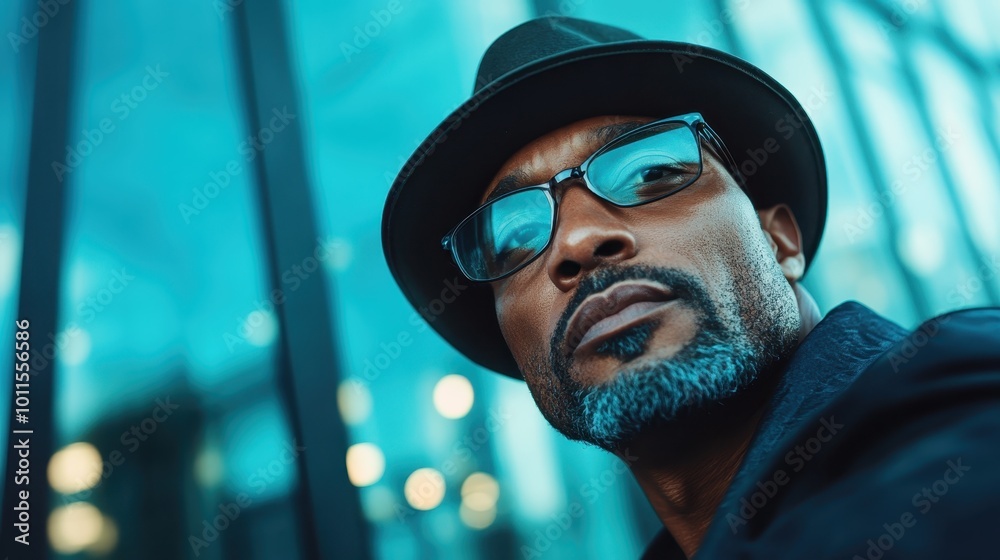 An individual wearing a fedora and glasses stands with a sophisticated expression against a sleek, modern architectural backdrop, capturing urban style and confidence. An individual wearing a fedora and glasses stands with a sophisticated expression against a sleek, modern architectural backdrop, capturing urban style and confidence.
