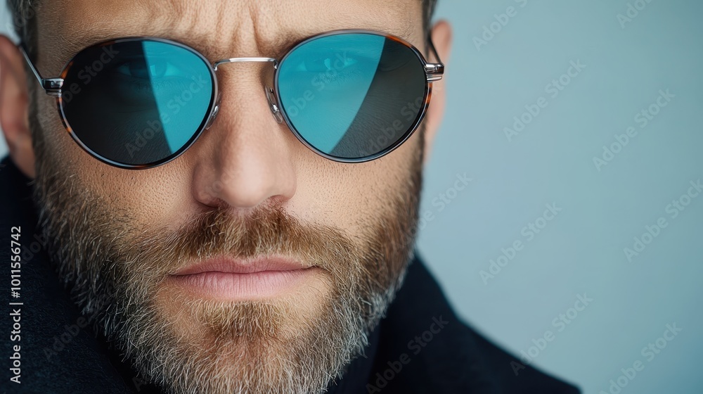 A serious-looking bearded man wearing reflective sunglasses, showcasing a cool and focused expression. The light hits his face, emphasizing his stern gaze. A serious-looking bearded man wearing reflective sunglasses, showcasing a cool and focused expression. The light hits his face, emphasizing his stern gaze.