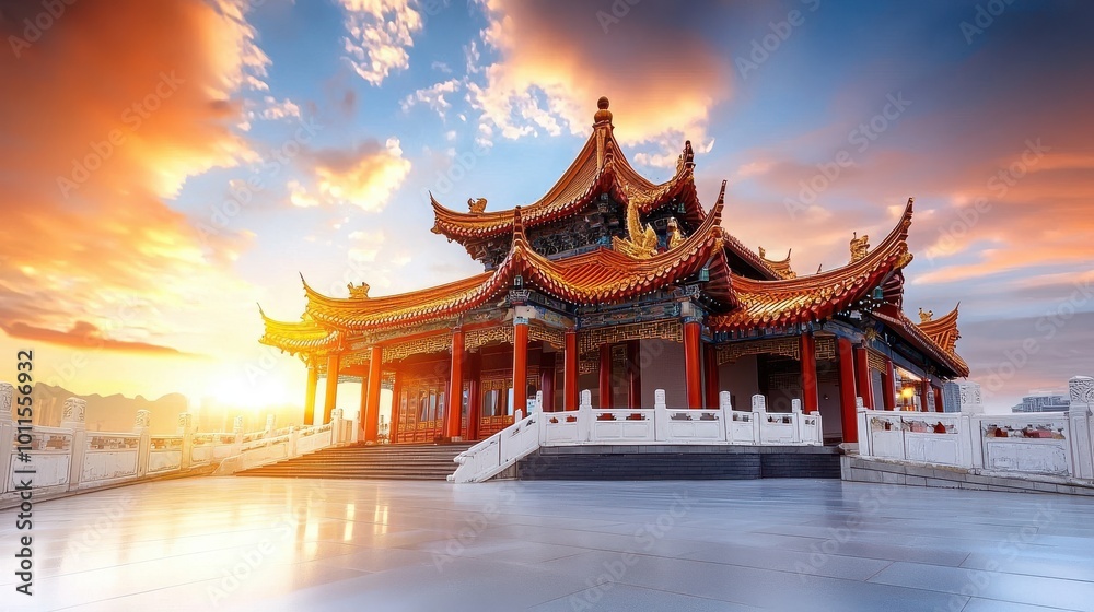 A stunning Chinese temple with its distinctive red pillars, gold decorations, and ornate roof designs. A stunning Chinese temple with its distinctive red pillars, gold decorations, and ornate roof designs.