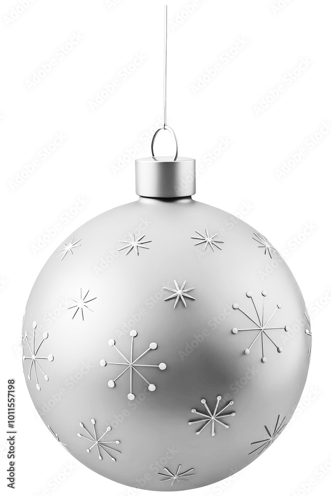 Silver metallic Christmas, New Year Holiday bauble with string and embossed snowflakes isolated on transparent background.