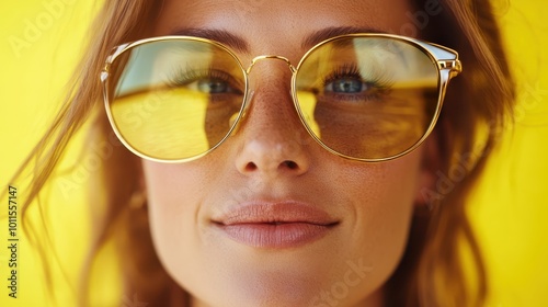 A woman wearing stylish gold sunglasses smiles broadly against a vivid yellow background, showcasing relaxed confidence and modern fashion sense.