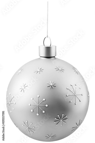 Obraz na płótnie Silver metallic Christmas, New Year Holiday bauble with string and embossed snowflakes isolated on transparent background. w salonie