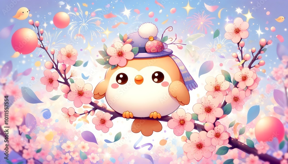 Festive Owl in a Cherry Blossom Tree for a Happy New Year Festive Owl in a Cherry Blossom Tree for a Happy New Year