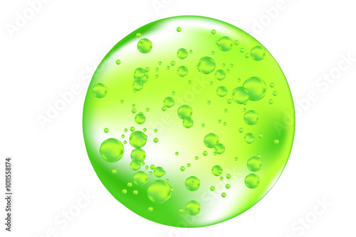 Fluid 3D lime green glowing bubble swatch with flowing molecules, microscope close up, fluid eco serum or natural gel droplet isolated on transparent background. Beauty cosmetology, beauty science