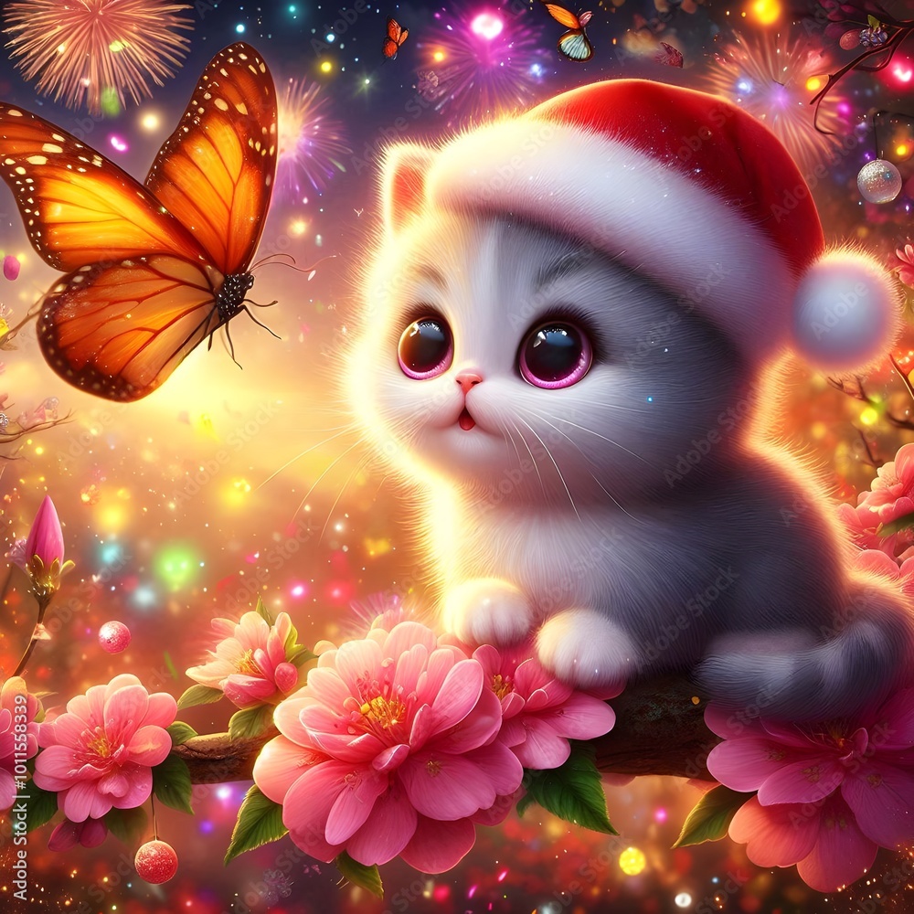 Cute Kitten in a Santa Hat with a Butterfly for a Merry Christmas Cute Kitten in a Santa Hat with a Butterfly for a Merry Christmas