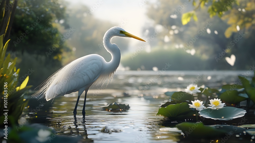 Naklejka premium Great Egret Bird in Nature, Photo Realistic, Pattern Background, Wallpaper, Cover and Screen for Smartphone, PC, Laptop, 9:16 and 16:9 Format