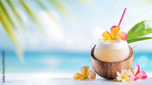 A tropical cocktail served in a coconut shell with colorful flowers and a straw, giving a beachy vibe.