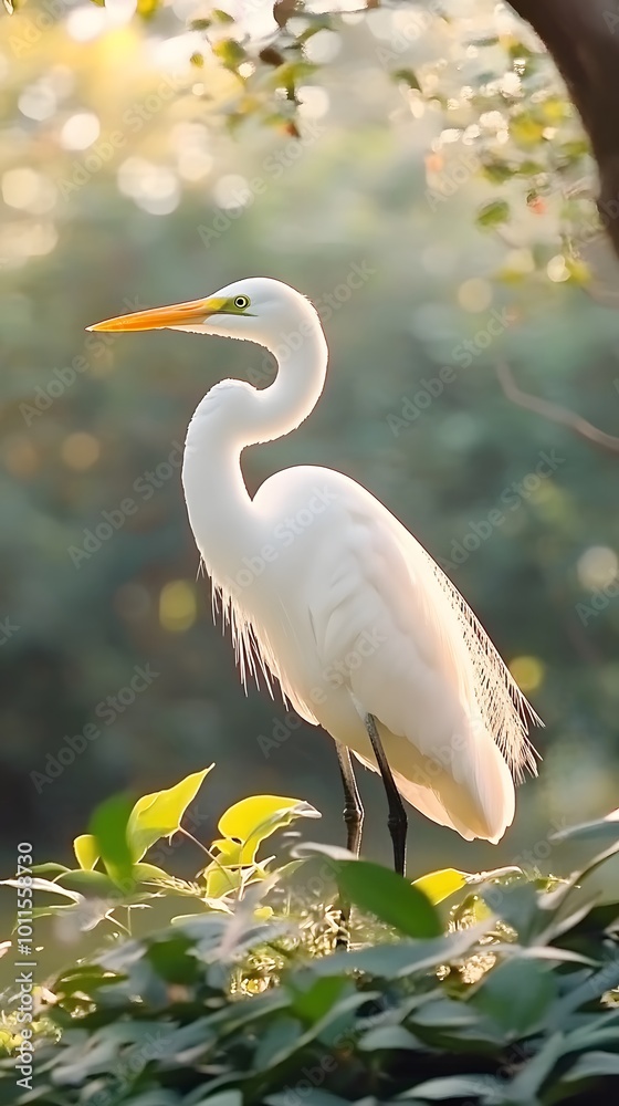 Obraz premium Great Egret Bird in Nature, Photo Realistic, Pattern Background, Wallpaper, Cover and Screen for Smartphone, PC, Laptop, 9:16 and 16:9 Format