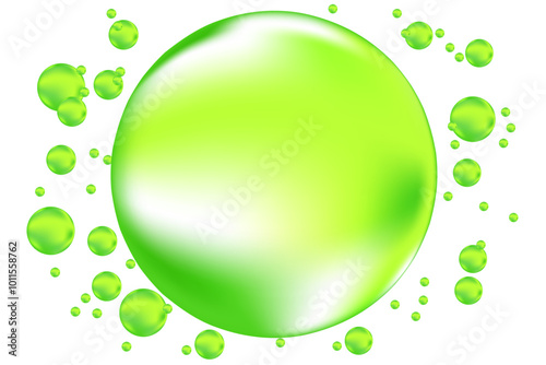 Fluid lime green 3D bubble with glowing molecules or particles, fluid water droplet isolated on transparent background