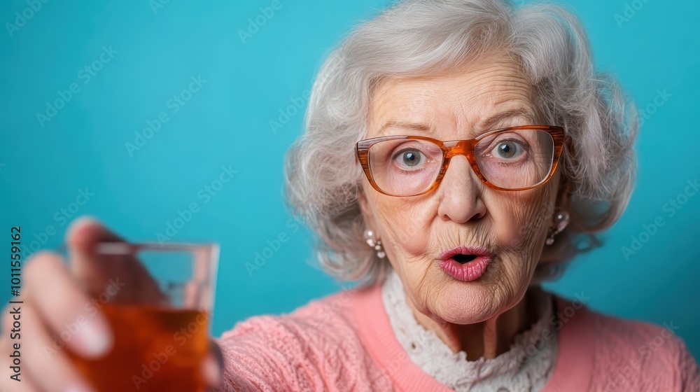 Portrait of an elderly woman with glasses, grey hair, wearing a pink sweater and offering a drink, depicting a sense of surprise and delight, against a vibrant backdrop. Portrait of an elderly woman with glasses, grey hair, wearing a pink sweater and offering a drink, depicting a sense of surprise and delight, against a vibrant backdrop.