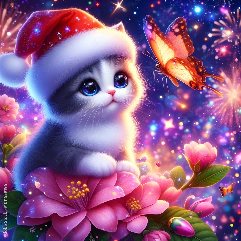 Cute Kitten in a Santa Hat with a Butterfly for a Magical Christmas Cute Kitten in a Santa Hat with a Butterfly for a Magical Christmas