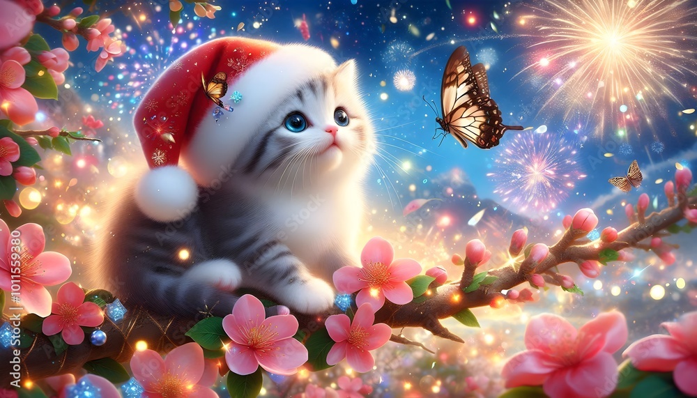 Obraz premium Cute Kitten in a Santa Hat with a Butterfly for a Joyous New Year